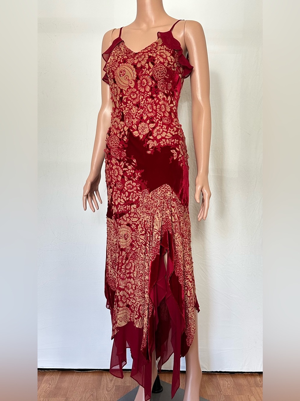Sue Wong Burgundy and Gold Floral High-Low Slip Dress